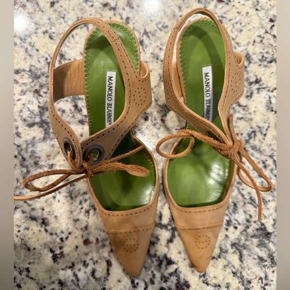 Vintage Manolo Blahnik Tan Heels with Lace-Up Ankle - Picture 6 of 6